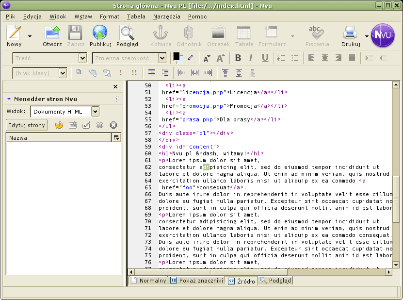 Edytor HTML Nvu to przydatne narzędzie do wyświetlania kodu źródłowego.