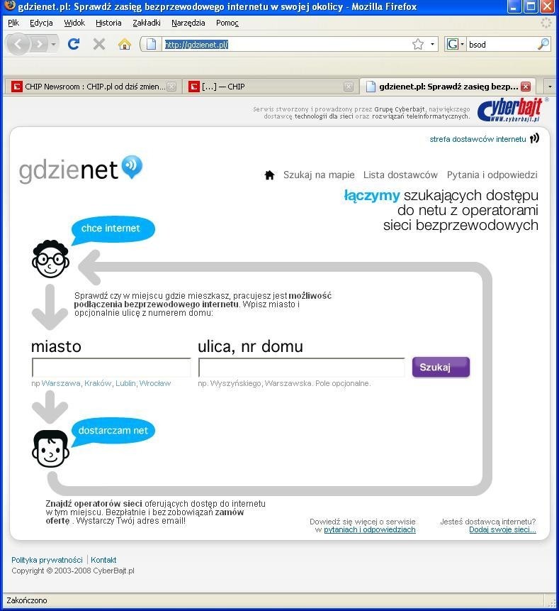 Serwis gdzienet.pl powie ci, czy w twojej okolicy działają dostawcy bezprzewodowego Internetu