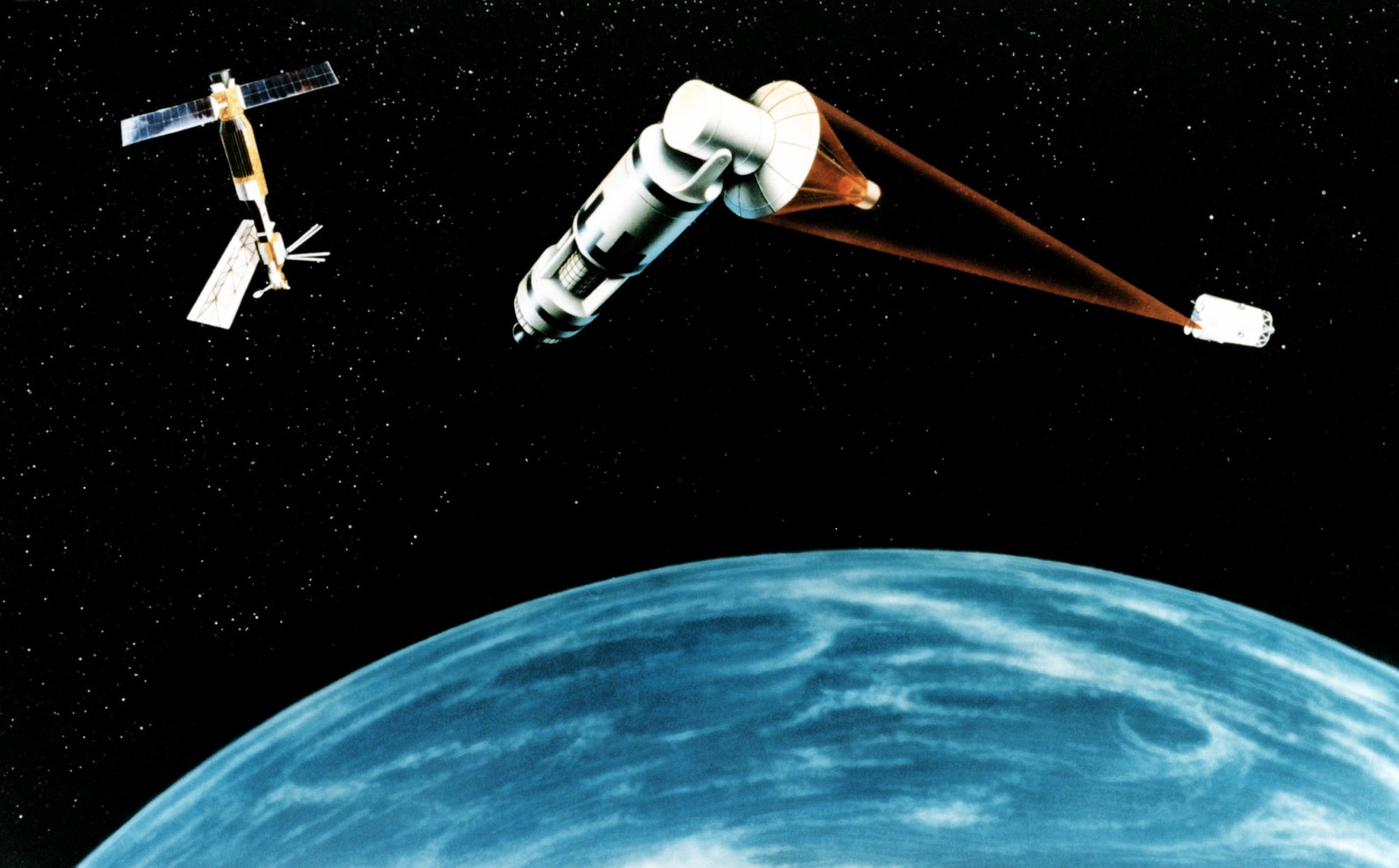 An artist&#8217;s concept of a Space Laser Satellite Defense System.
