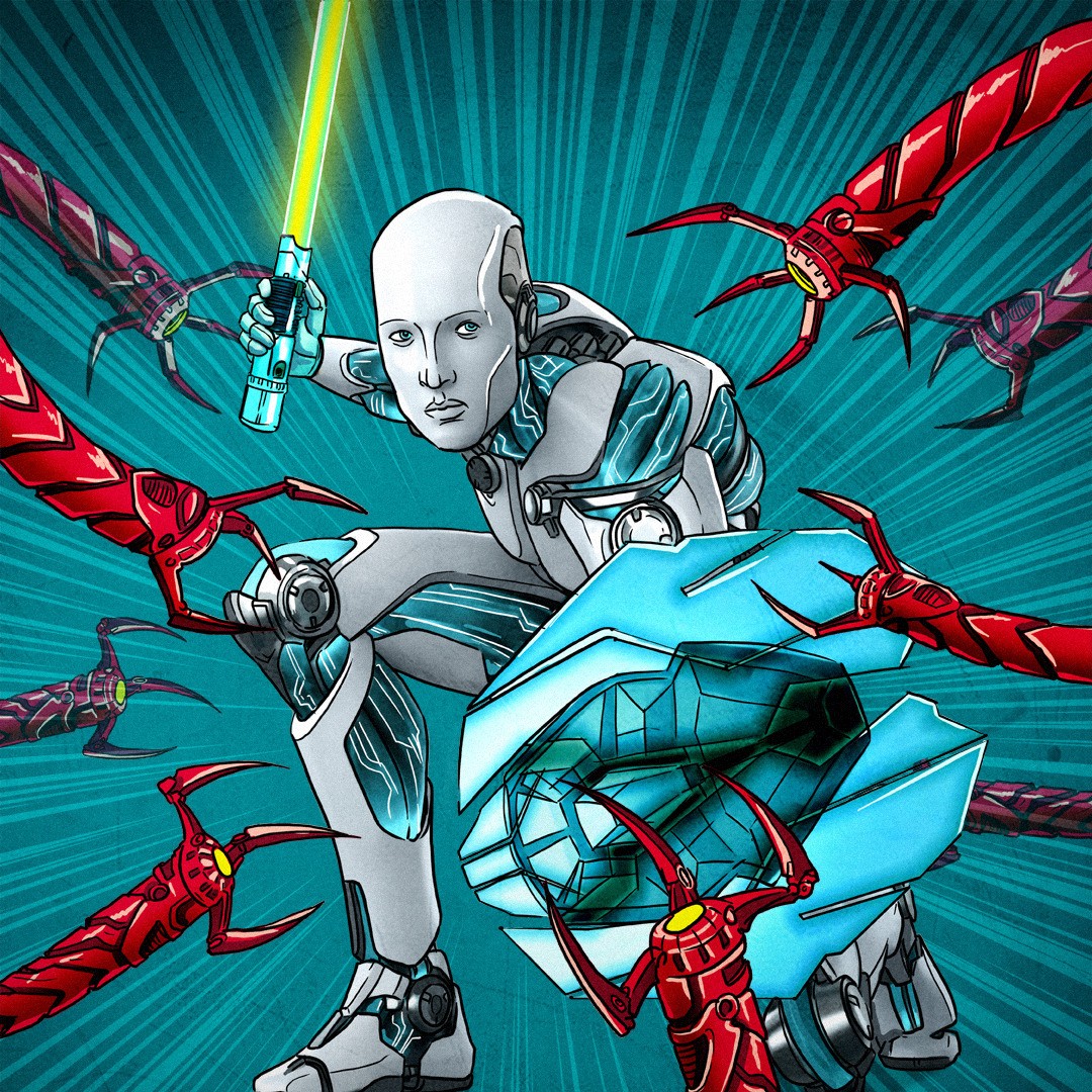 Szklisto-metalowy android z mieczem plazmowym i tarczą atakowany przez trójpalczaste, mechaniczne łapy.