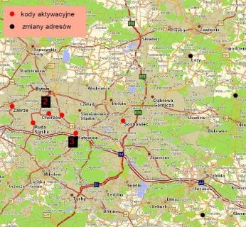 Teren Majewskiego. Czerwone punkty na mapie wskazują adresy, które Majewski podawał jako własne, zakładając konta na Allegro. Czarne punkty to lokalizacje, które oszust zmienił na fikcyjne zaraz po aktywacji konta.
