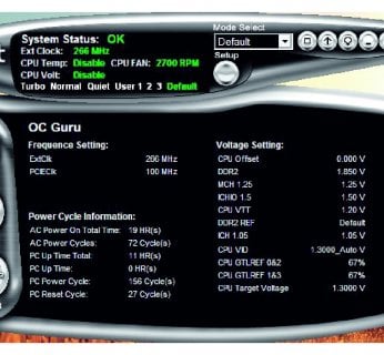 Abit μGuru informuje nas o parametrach pracy komponentów peceta. Opcje optymalizacyjne kryje przycisk »Setup«.