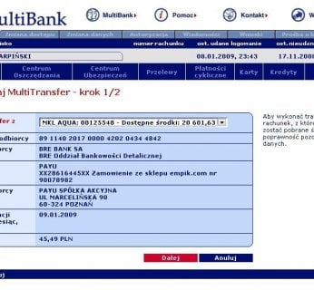 Logując się na stronie banku, dostajemy wypełniony formularz przelewu na rzecz e-sklepu. Wystarczy zatwierdzić płatność