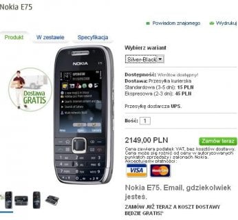 Telefon E75 mierzy 14,4 mm grubości, zaś waży 139 gramów