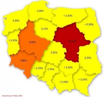 Żółty - infekcja poniżej 5 %; Pomarańczowy - między 5,01 a 20 %; Bordowy - powyżej 30 %