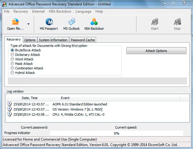 Okno programu Elcomsoft Password Recovery