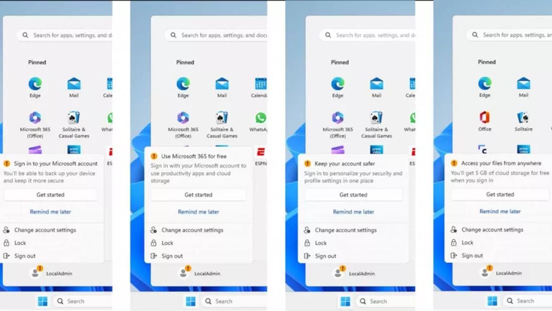 Menu Start Windowsa 11 z powiadomieniami reklamowymi