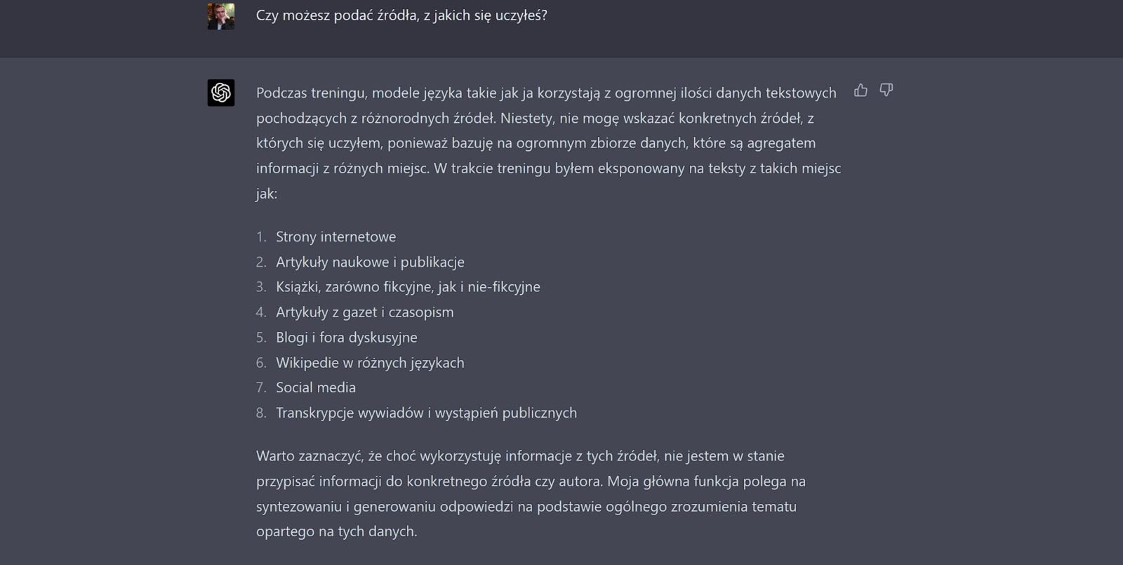 ChatGPT odpowiada na pytanie o zakres wiedzy