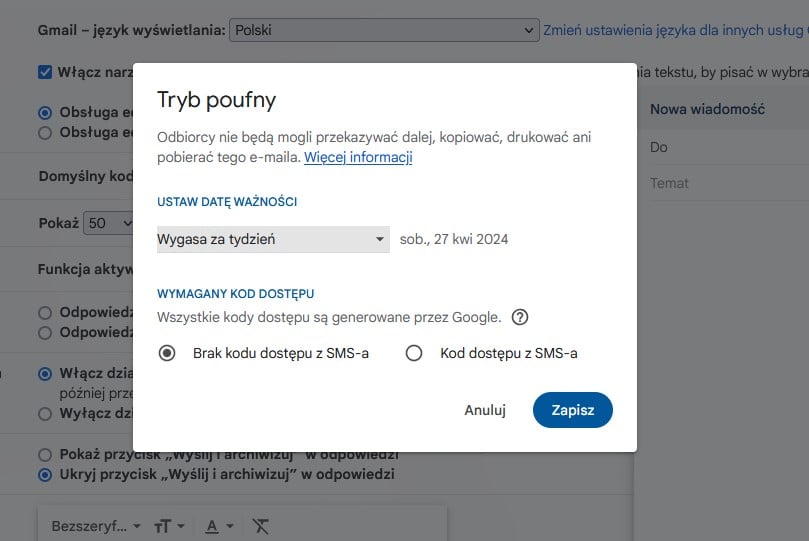 Gmail tryb poufny