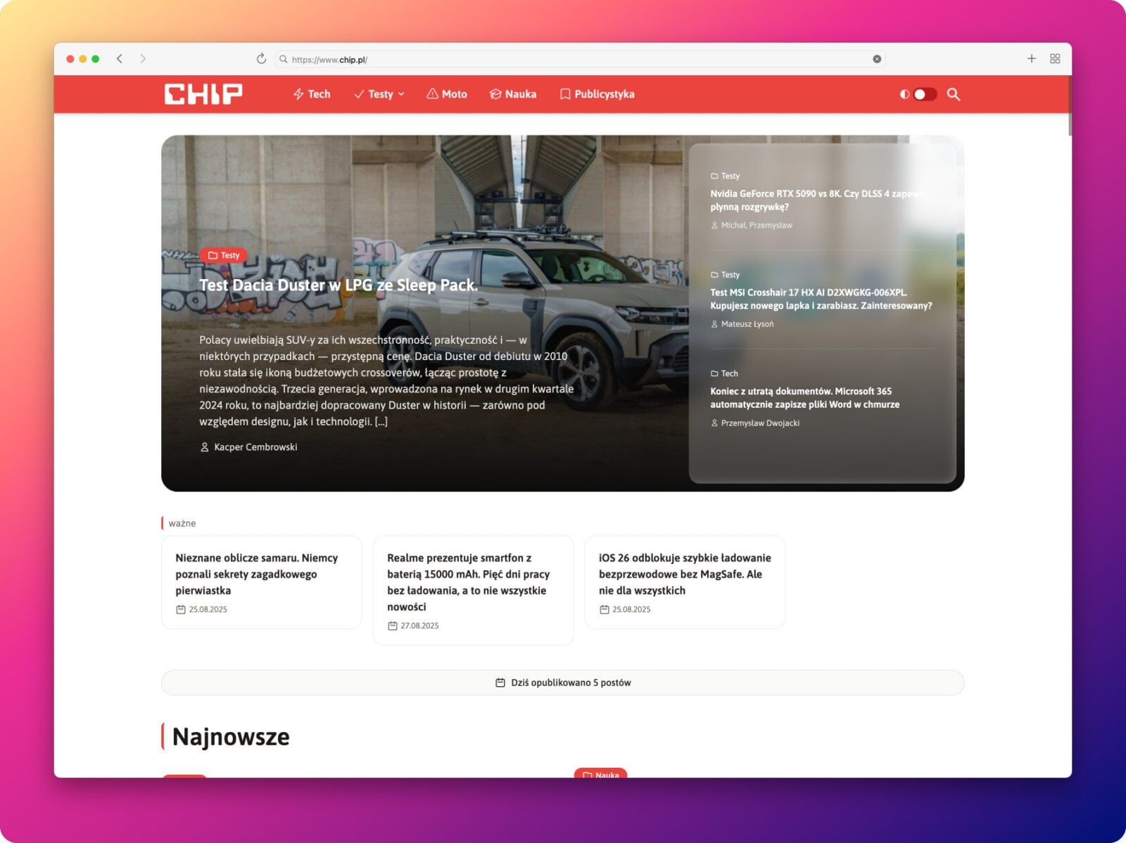Screenshot aplikace Ladybird Application Screenshot byl spuštěn na MacOS. Snímek obrazovky ukazuje prohlížeč se spuštěnou stránkou Chip.PL.