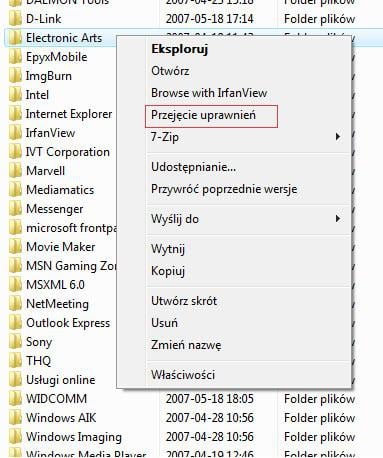 Przejęcie dostępu do plików za pośrednictwem polecenia w menu kontekstowym