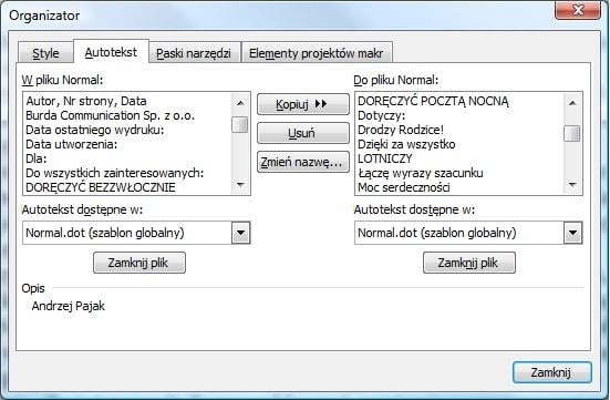 Przywracanie usuniętych zwrotów Autotekstu