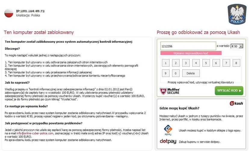 Tu policja – zapłać 400 złotych, albo twój komputer zostanie zablokowany!