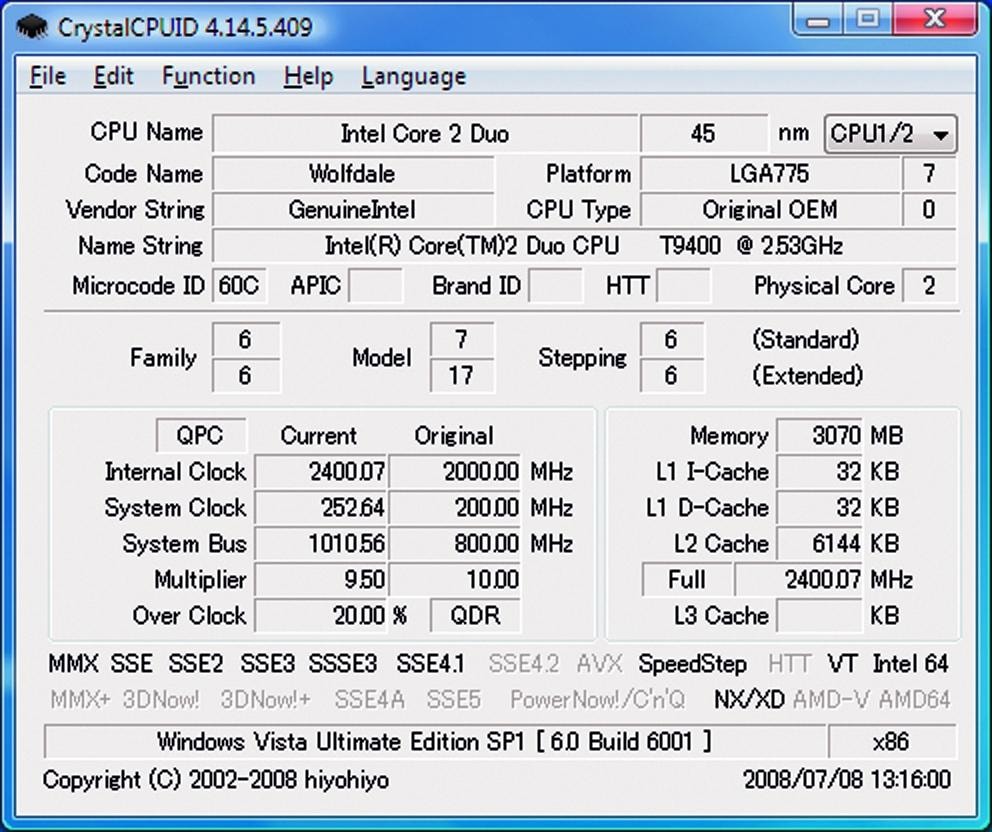CrystalCPUID w bardzo czytelnej formie prezentuje kompletne informacje o płycie główniej, chipsecie, pamięci, częstotliwościach taktowania i wydajności.