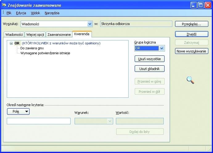 znajdowanie zaawansowane outlook