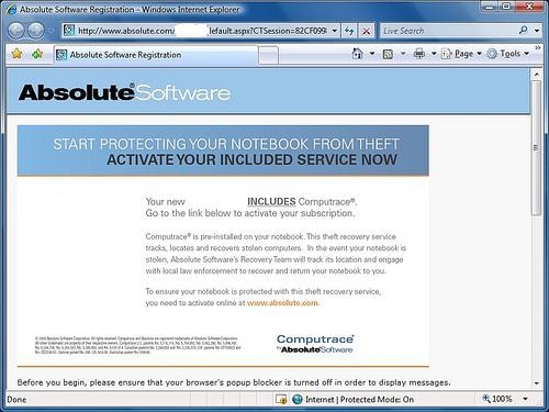 Originalne okno z reklamą usługi Computrace
