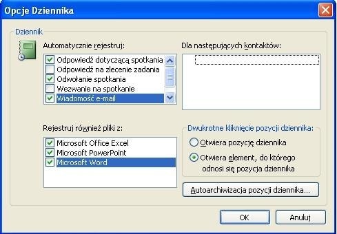 W opcjach Outlooka ustalimy, które aktywności mają zostać odnotowane przez funkcję Dziennika.