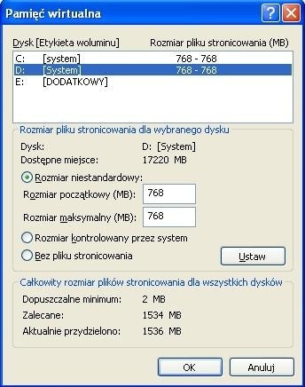 Każdy z dwóch plików wymiany ma dzięki takiej konfiguracji stały rozmiar: 1024 megabajty.