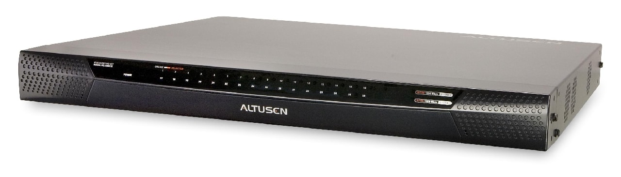 Na zdjęciu przełącznik KN4132, pozwalający na zdalne zarządzanie bezpośrednio 32 serwerami, lub nawet 512 serwarami przy łączeniu kaskadowym