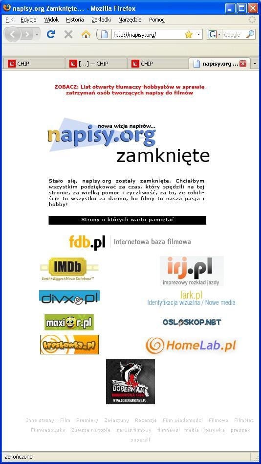 Taką wiadomość zobaczymy po odwiedzeniu serwisu Napisy.org