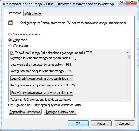Głęboko ukrytą w ustawieniach systemu znajdziemy opcję, która zezwala na wykorzystanie funkcji BitLocker również bez modułu TPM.