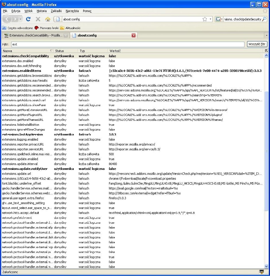 Za pomocą tych dwóch ręcznie dodanych opcji ustalimy, czy Firefoks będzie przed instalacją sprawdzał zgodność wtyczek.
