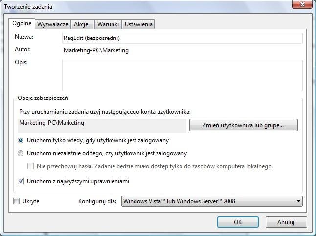 Narzędzia możemy zdefiniować jako zadania, a następnie za pomocą skrótów uruchamiać bezpośrednio, bez konieczności potwierdzania ostrzeżenia bezpieczeństwa.