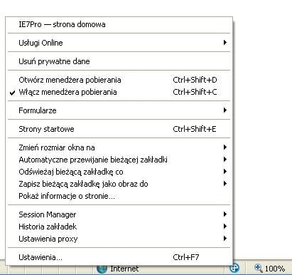 Dostęp do wszystkich przydatnych funkcji IE7Pro uzyskamy za pośrednic-twem menu kontekstowego z Paska statusu.