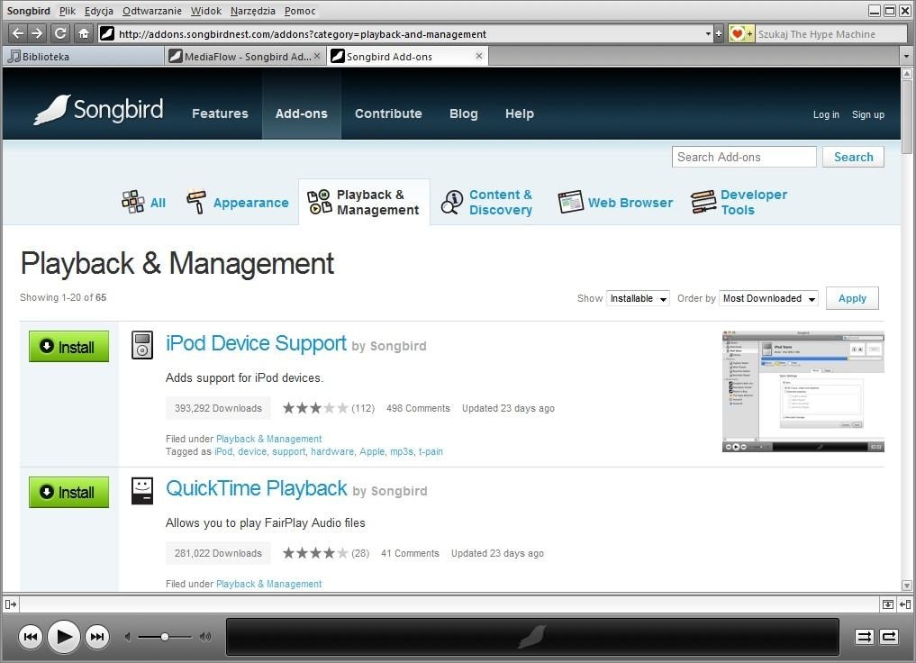 Bezpłatny odtwarzacz multimedialny Songbird nadaje się do zarządzania twoją muzyką w iPodzie.