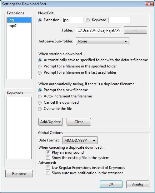 W tym oknie podajemy kryteria, na podstawie których Download Sort będzie rozdzielał pobrane pliki.