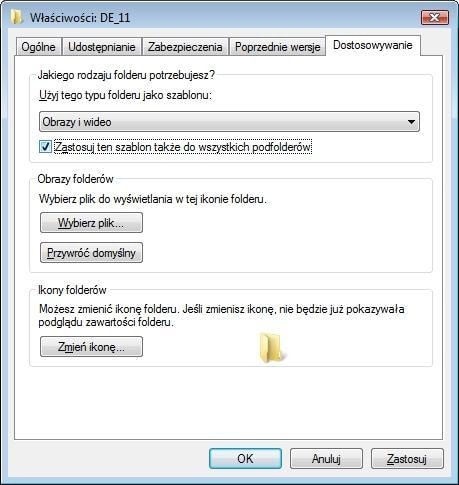 We właściwościach folderu określamy, jakich szablonów ma używać Windows.
