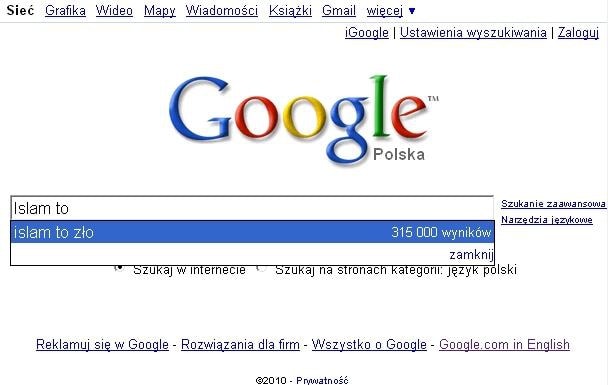 Według podpowiedzi Google'a, Islam to zło