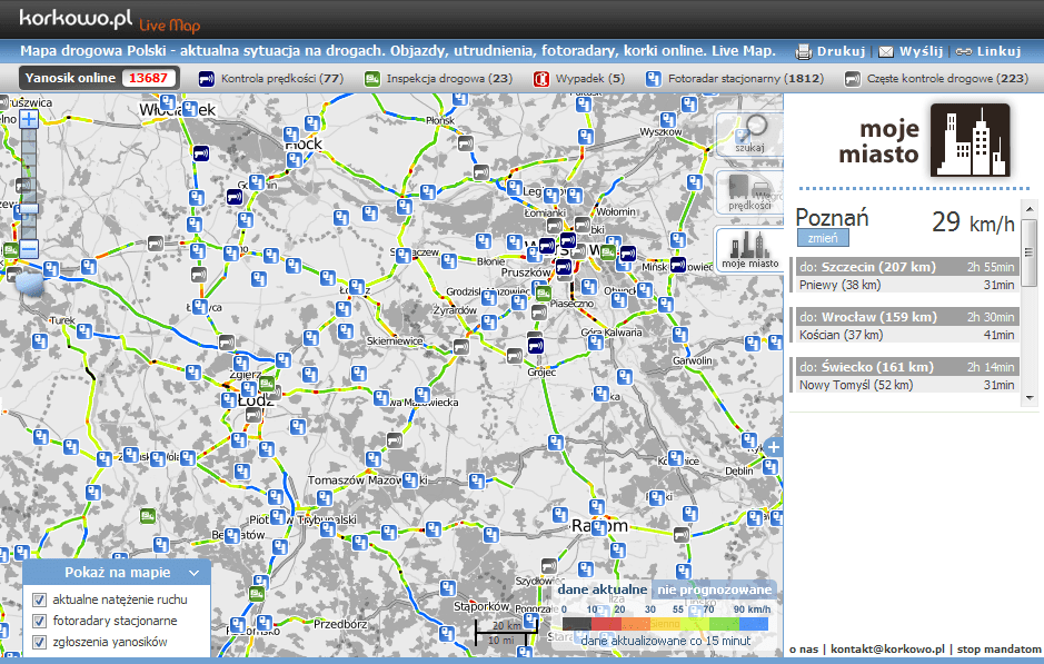 Informacje o korkach na żywo