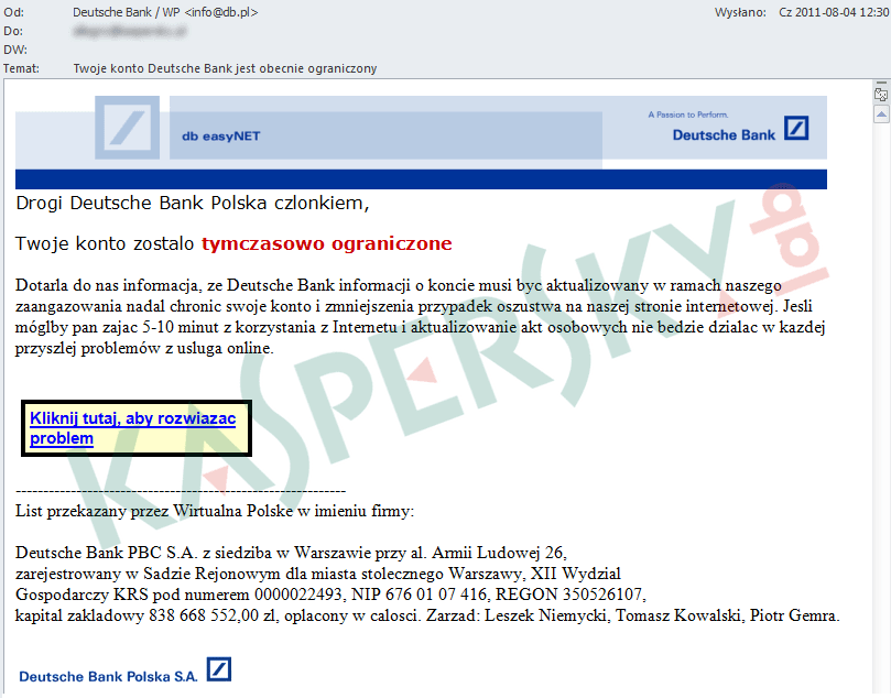 Atak phishingowy na klientów Deutsche Banku (źródło: Kaspersky Lab)