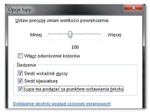 Lupa najlepiej sprawdza się w widoku pełnoekranowym, gdy automatycznie przesuwa się wraz z ruchem wskaźnika myszy.
