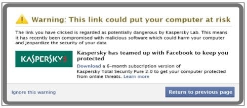 Komunikat pojawiający się po kliknięciu szkodliwego odnośnika przez użytkownika Facebooka