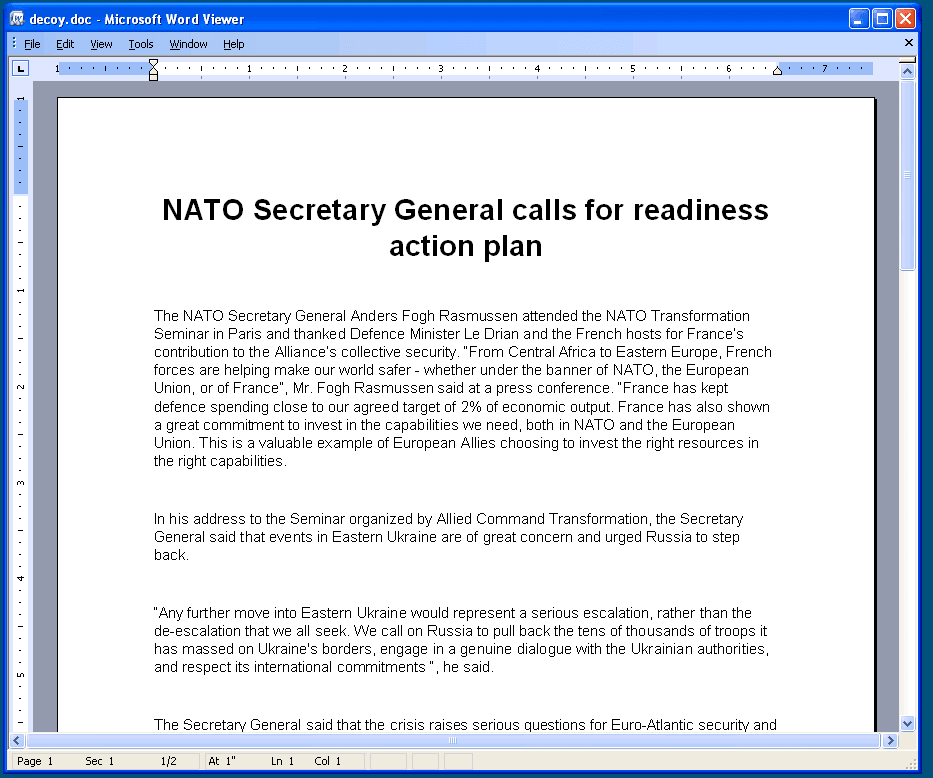 Dokument Word pokazujący się użytkownikowi po otwarciu złośliwego załącznika