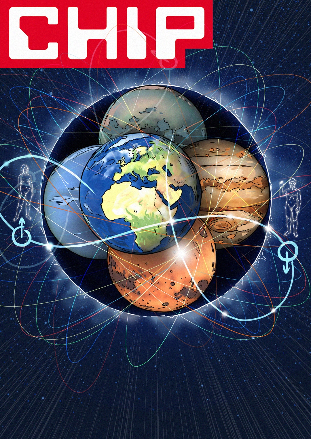 Ziemia i cztery planety wewnątrz czarnej dziury; logo CHIP.