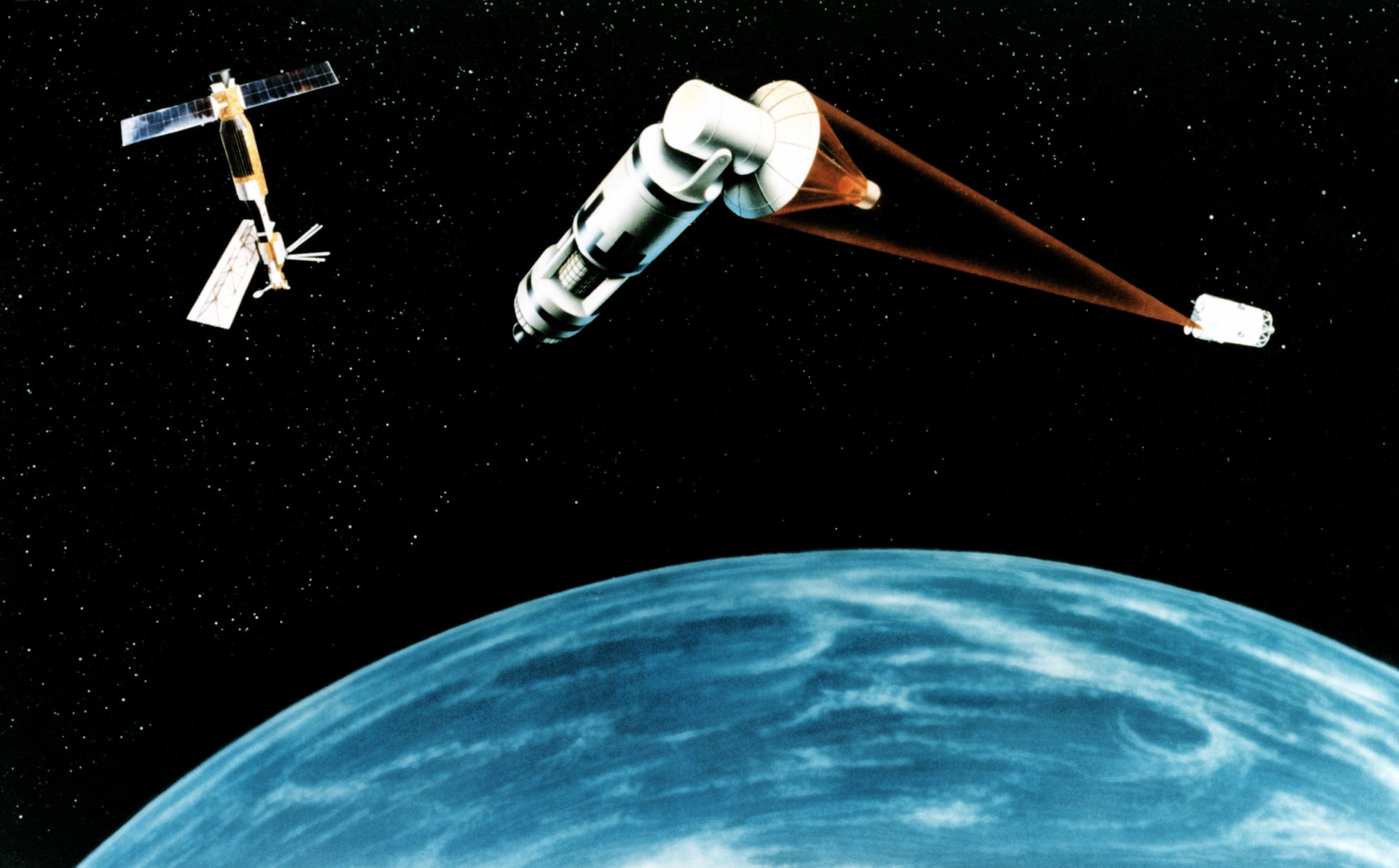 An artist’s concept of a Space Laser Satellite Defense System.
