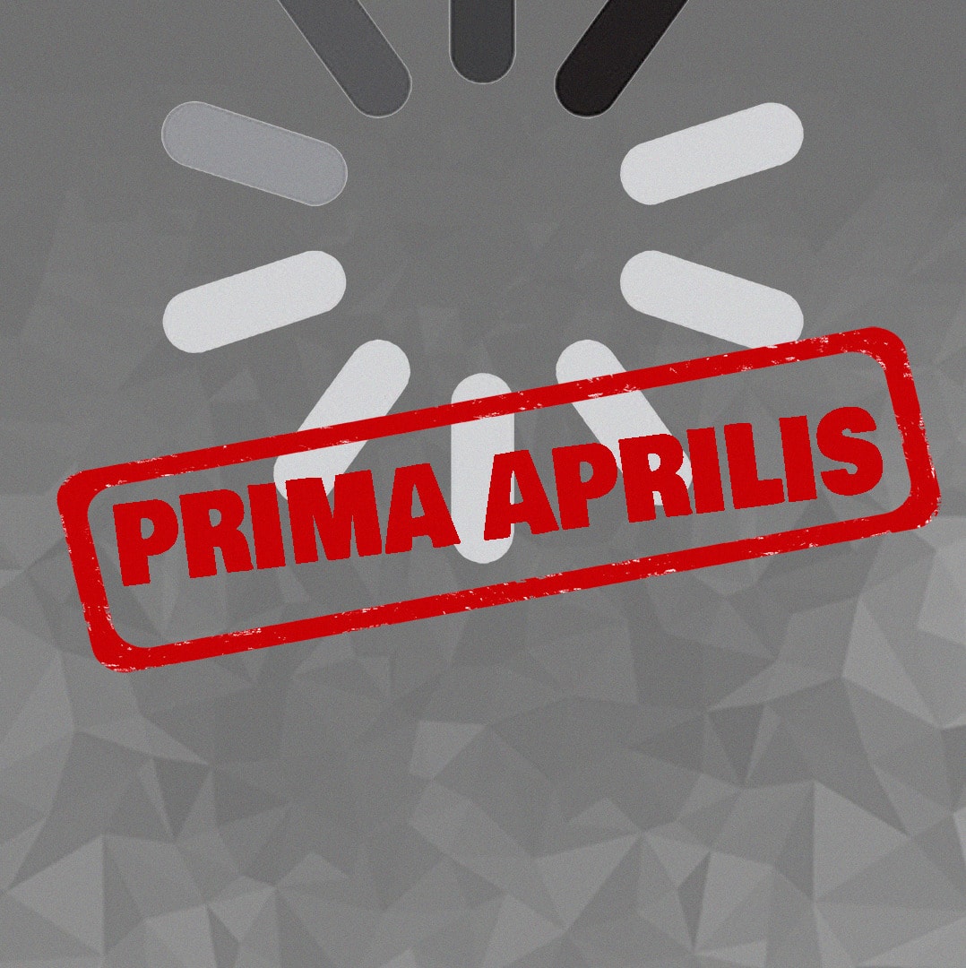 Ikona ładowania, czerwona pieczątka "prima aprilis".
