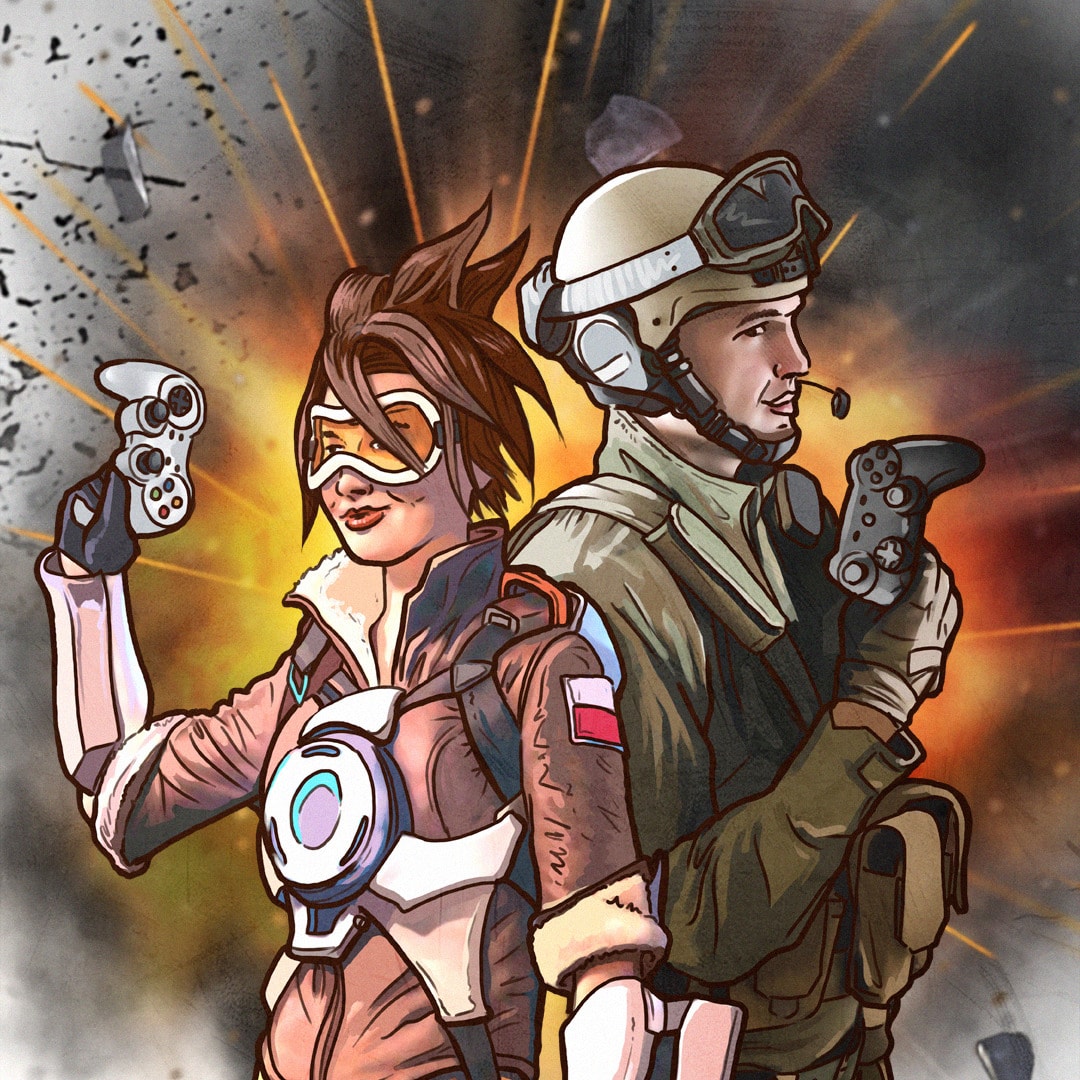 Kobieta z cybernetycznymi dodatkami i żołnierz w hełmie stoją do siebie plecami trzymając kontrolery jak pistolety.