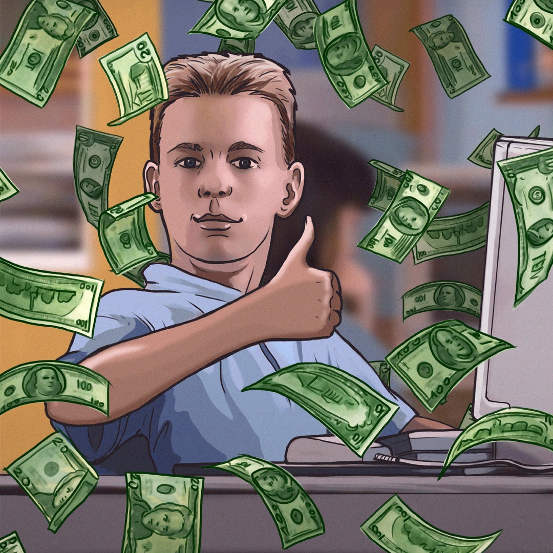 Chłopiec siedzi przed komputerem i pokazuje kciuk w górę, z góry spadają na niego zielone dolary.