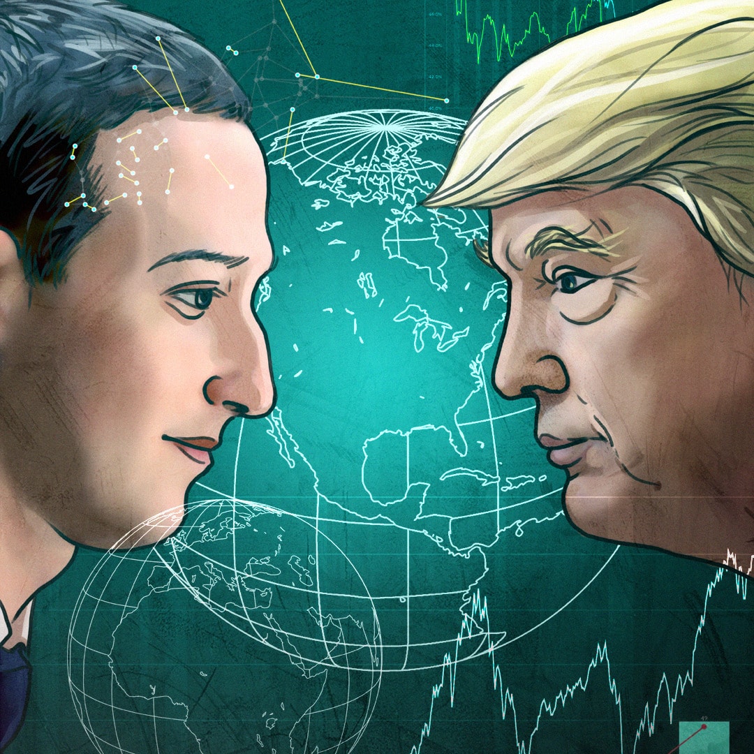 Mark Zuckerberg i Donald Trump mierzący się wzrokiem, w tle glob i wykresy.