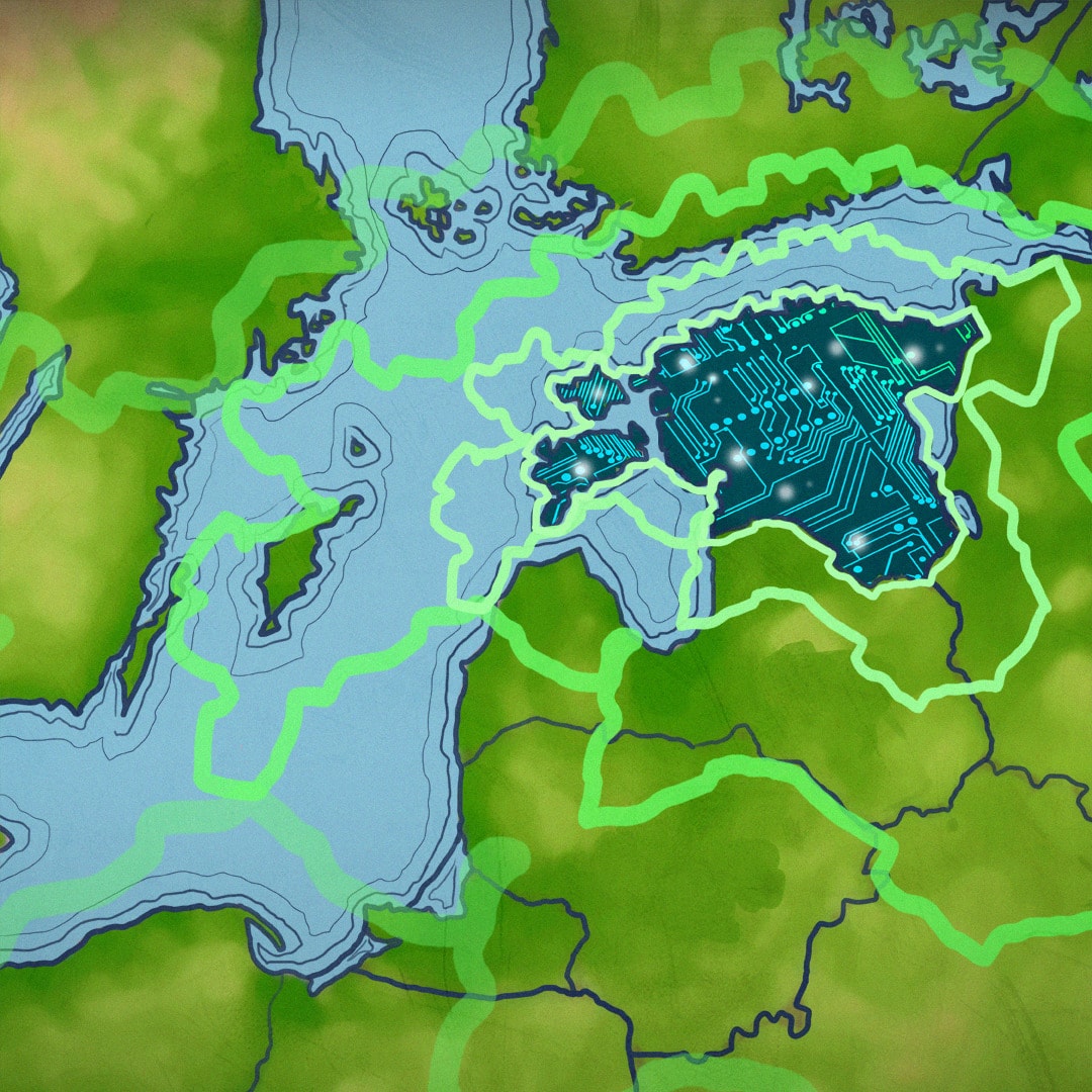 Mapa północno-wschodniej europy z Estonią wyróżnioną jako układ scalony.