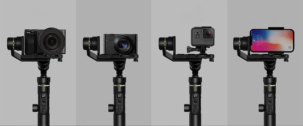 Stabiliator FeiyuTech G6 Plus z różnymi urządzeniami.