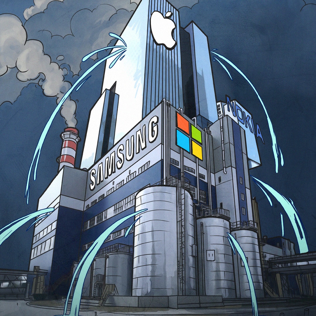 Z wieżowca-fabryki z logami Microsoftu, Samsunga, Nokii i Apple ze wszystkich stron cieknie woda.