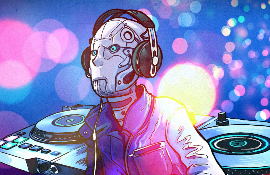 Robo DJ w słuchawkach obsługuje mikser i gramofon.