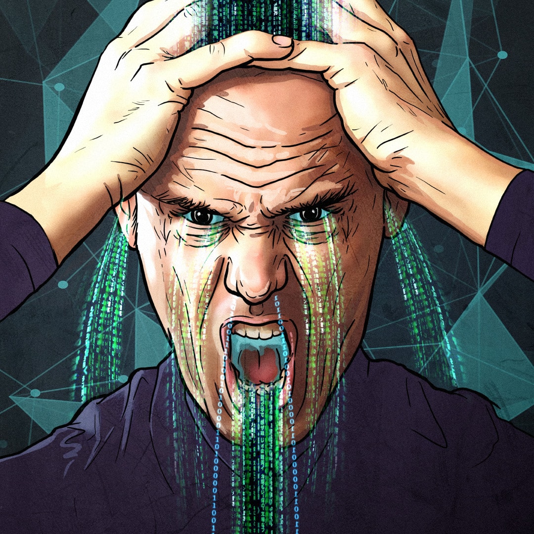 Krzyczący człowiek trzyma się za głowę, do której od góry wpływa duży strumień bitów, a przez usta, uszy i oczy wypływają mniejsze.