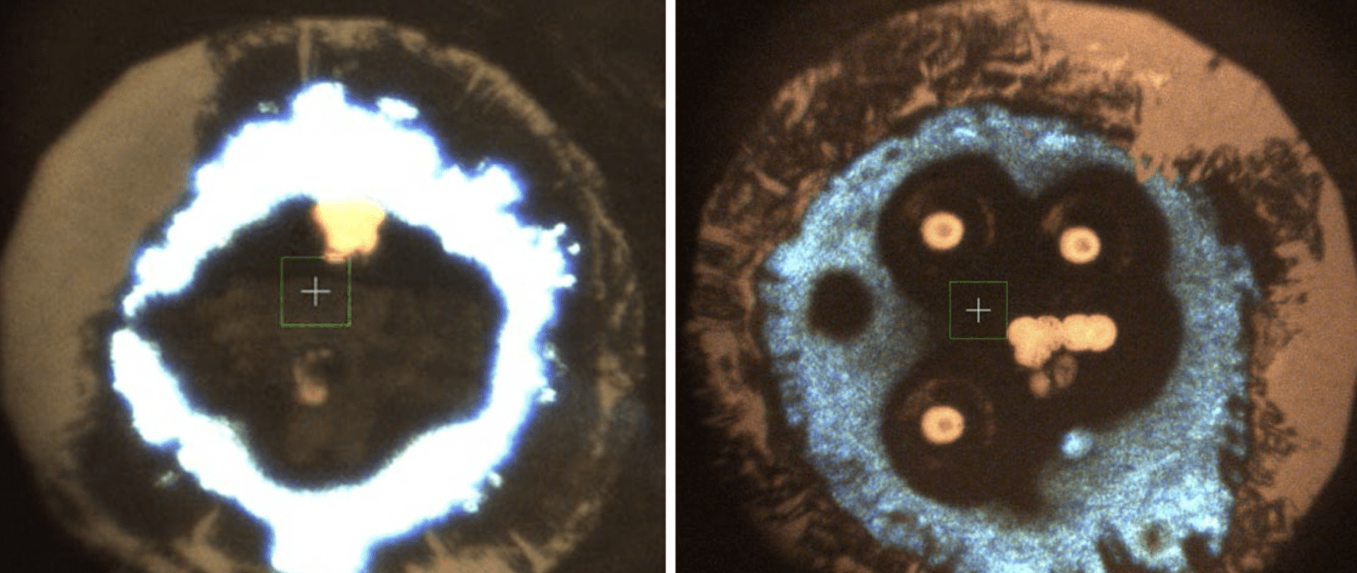Mikrofotografie próbek azydku potasu podgrzanych laserowo pod ciśnieniem 500 000 atmosfer (po lewej) i 300 000 atmosfer (po prawej). Materiał przekształcił się w K2N6 na lewym zdjęciu oraz w słabo poznany związek o wzorze K3(N2)4 po prawej
