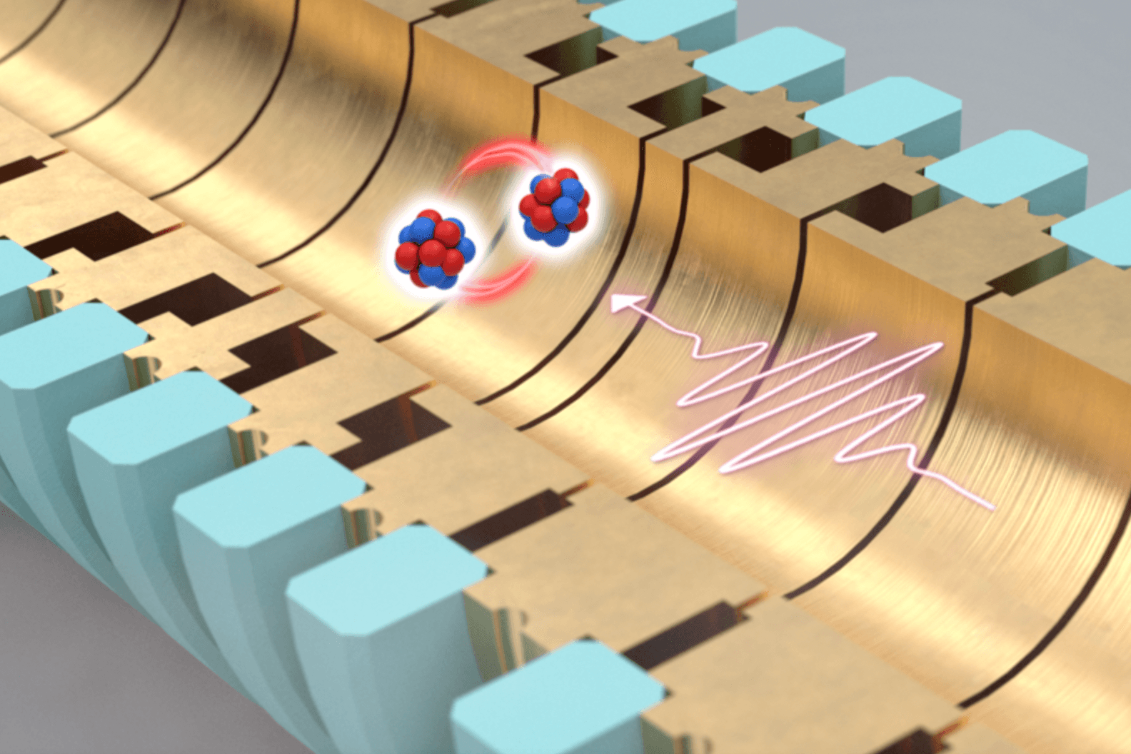 Schemat sprzężonego ruchu kołowego wysoko naładowanej pary jonów Ne wewnątrz pułapki jonowej APLPHATRAP
